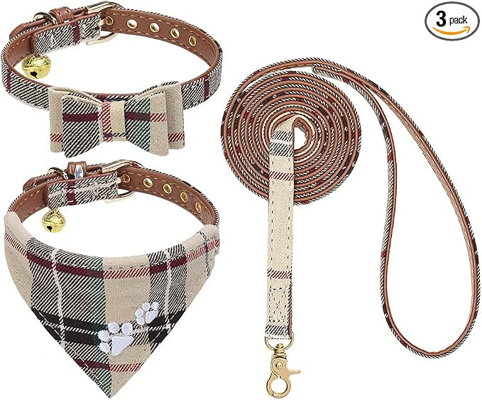 EXPAWLORER Puppy Collar and Leash Set - Embroidery Pawprints Plaid Dog Collar and Dog Leash Set, ... | Amazon (US)