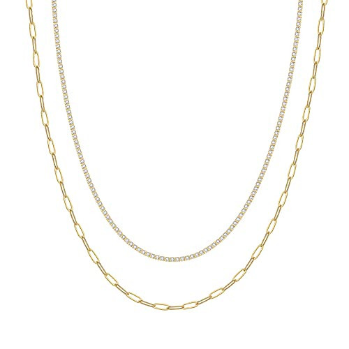 Layered Necklace for Women 14k Gold-Plated Layring Paperclip Chain Necklace Cubic Zirconia | Amazon (US)