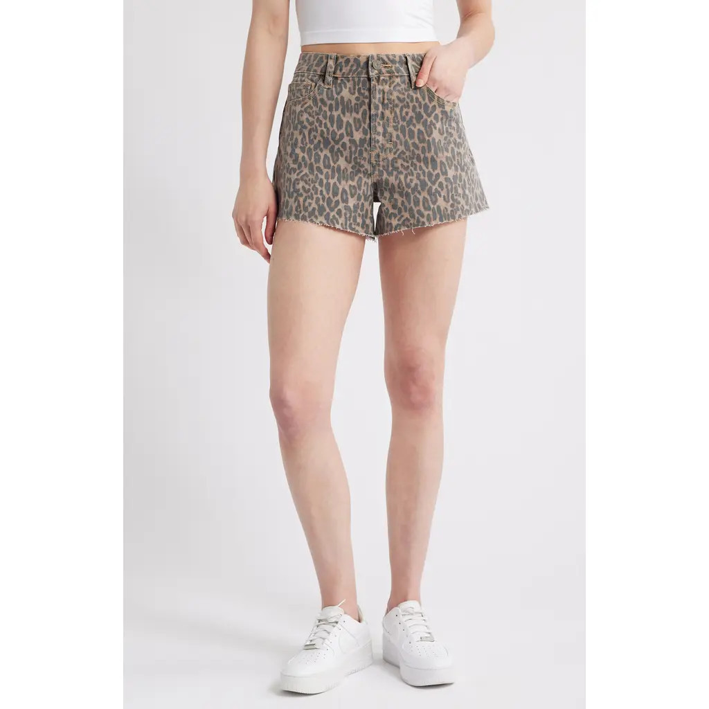 HIDDEN JEANS Cheetah Print Denim Cutoff Shorts in Khaki at Nordstrom, Size Small | Nordstrom
