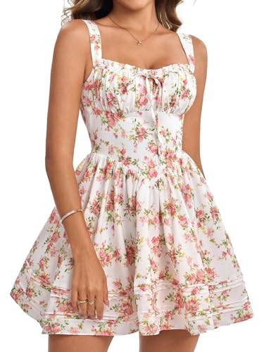 HTZMO Women Summer Casual Floral Square Neck Mini Sundress Corset A Line Cute Graduation Party Short Dress PinkFloral XS | Amazon (US)