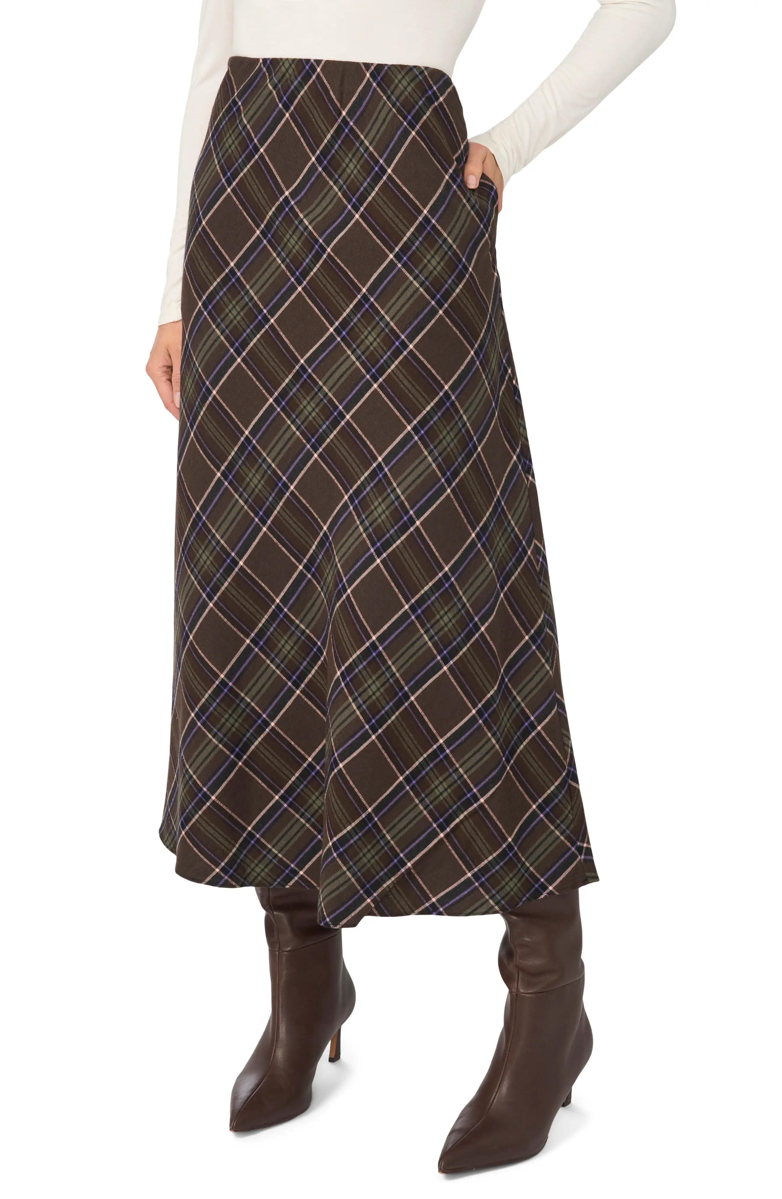 Halogen® Brushed Plaid A-Line Skirt in Saddle Brown Plaid at Nordstrom Rack, Size X-Small | Nordstrom Rack