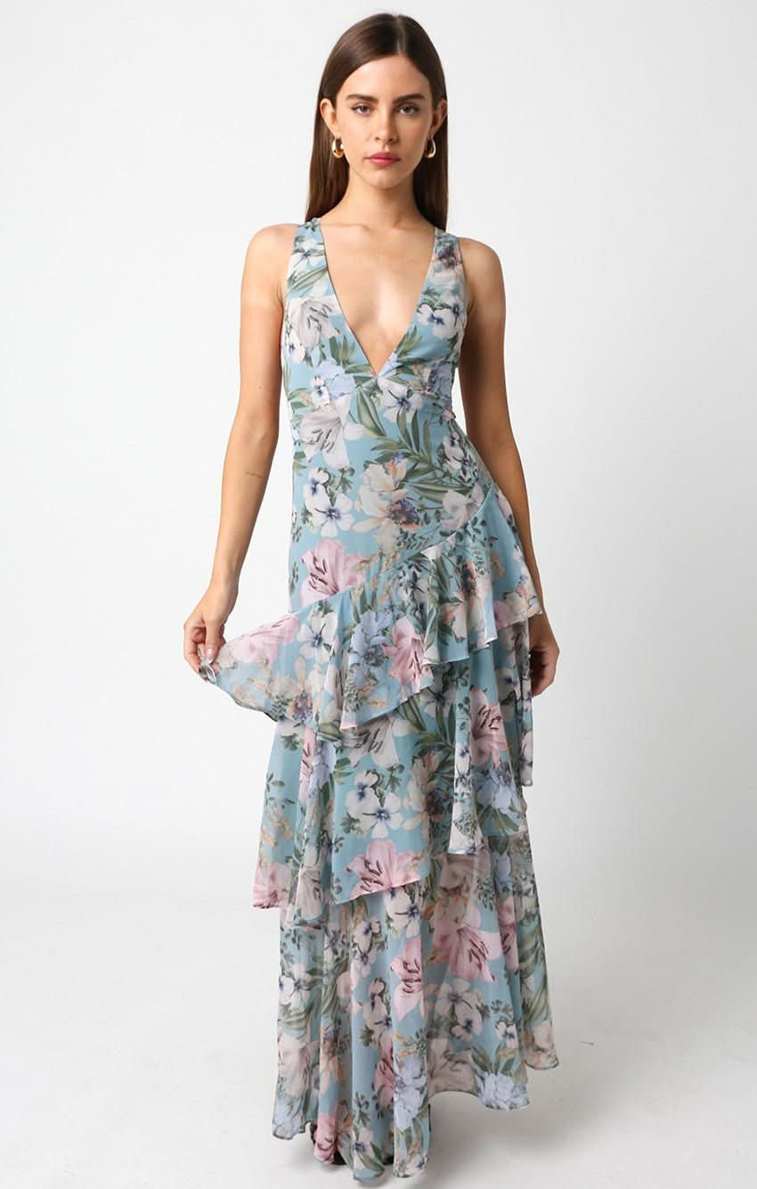 Blue Floral Maxi Dress | Tiered Ruffle Wedding Guest Dress | Boho Pink