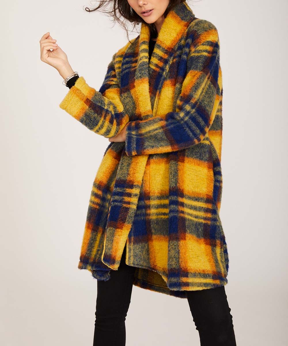 Ornella Paris Women's Overcoats - Mustard Plaid Open Wool-Blend Swing Coat - Women & Plus | Zulily