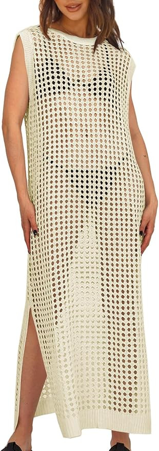 Saodimallsu Womens Crochet Swimsuit Coverup Summer Sleeveless Hollow Out Knit Crewneck Side Split... | Amazon (US)