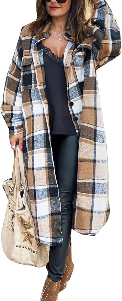 Women Casual Lapel Button Up Long Sleeve Plaid Long Shirt Coat Cardigan Long Jacket Shacket Fall ... | Amazon (US)