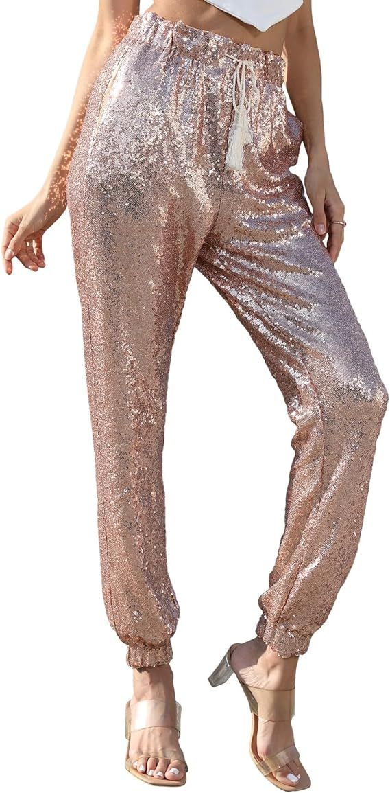 J&DHUASHA Womens Casual Sparkly Sequin Pants High Waist Glitter Joggers Pants Bling Party Skinny ... | Amazon (US)