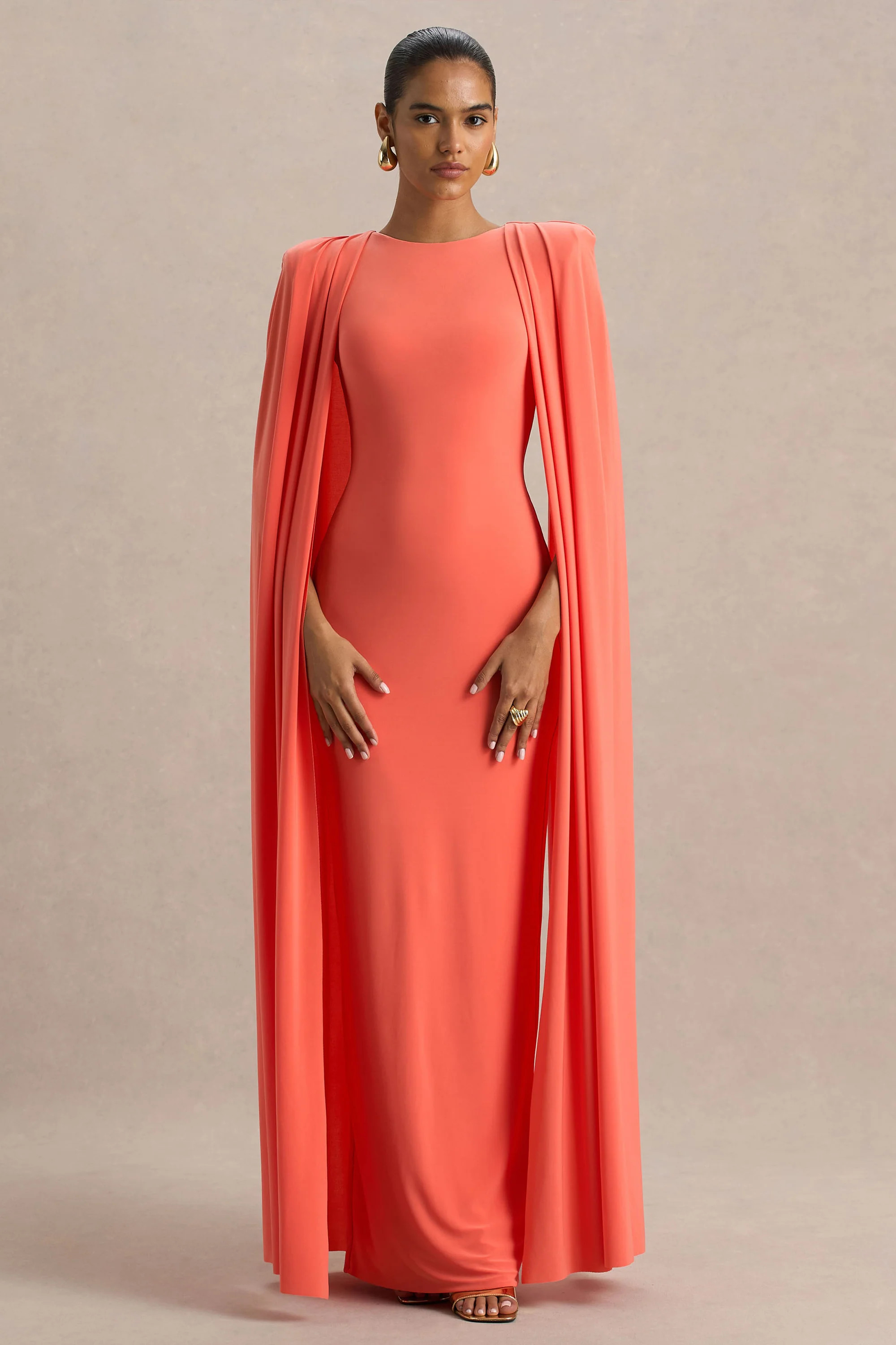 Mimi  Coral High-Neck Maxi Dress With Cape Sleeve Detail | Club L London
