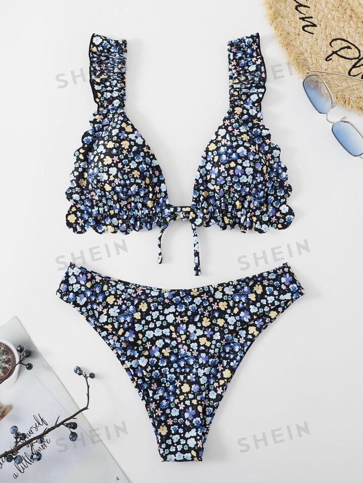 SHEIN Swim Summer Beach Ditsy Floral Bikini Set Frill Trim Triangle Bra Top & Bikini Bottom 2 Pie... | SHEIN