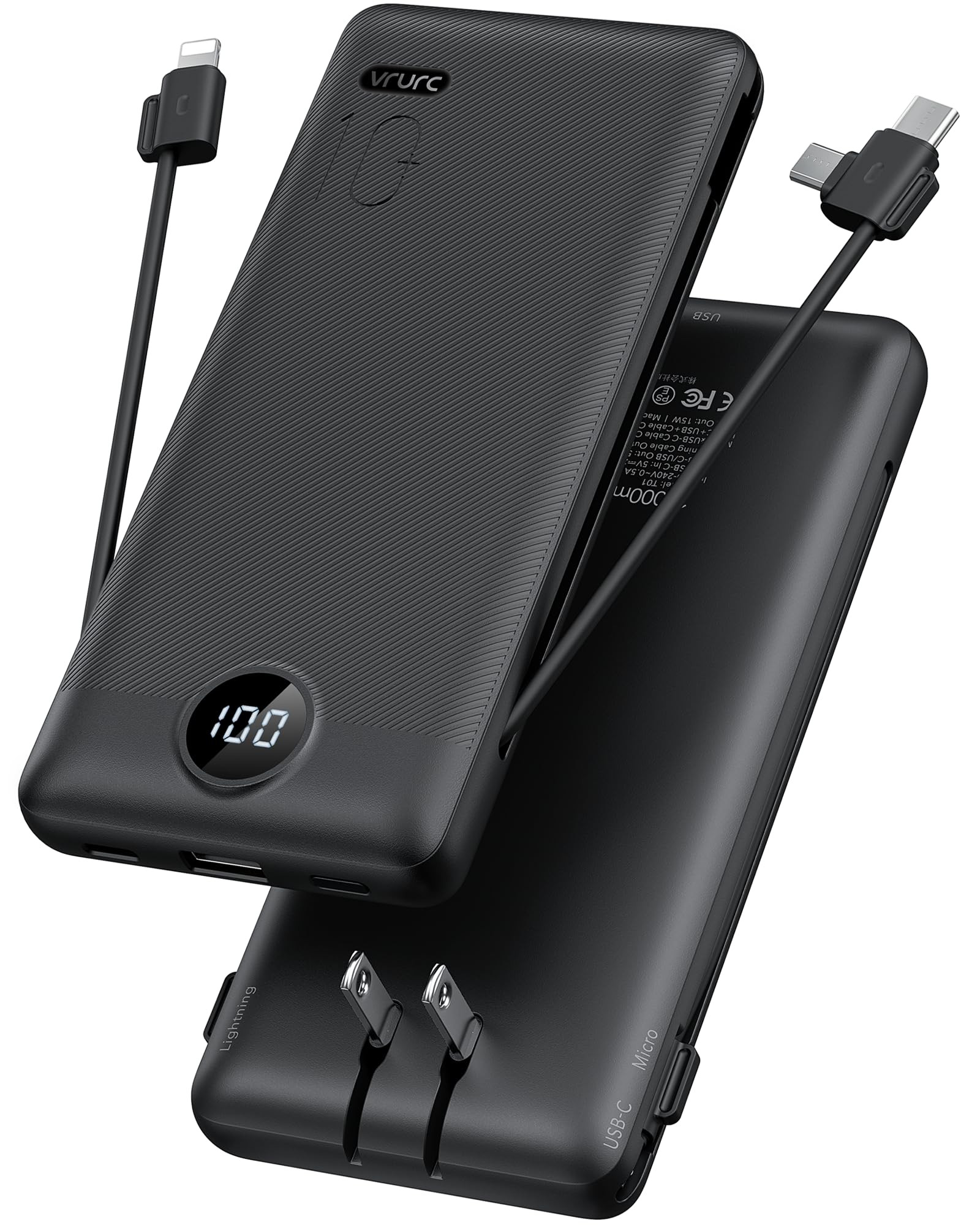 VRURC Portable Charger Built-in Cables and AC Wall Plug, USB C Power Bank 10000mAh, Travel Essent... | Amazon (US)