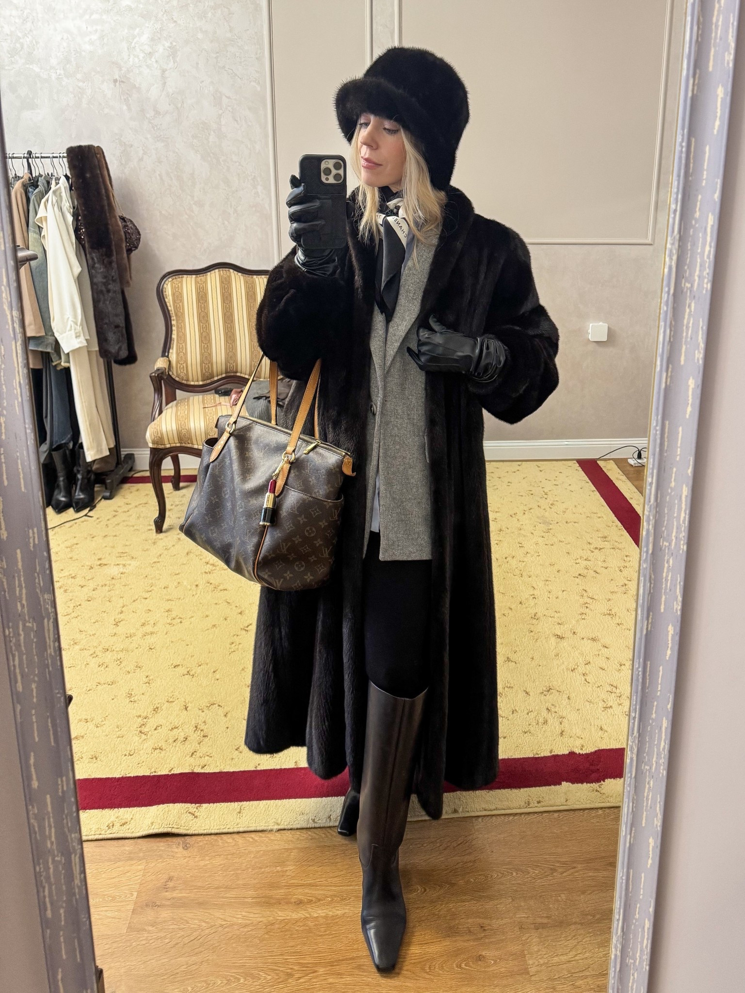 Workwear outfit, vintage fur coat, fur bucket hat, gray blazer, tall black leather boots, office look, style over 40

#LTKOver40 #LTKWorkwear #LTKootd