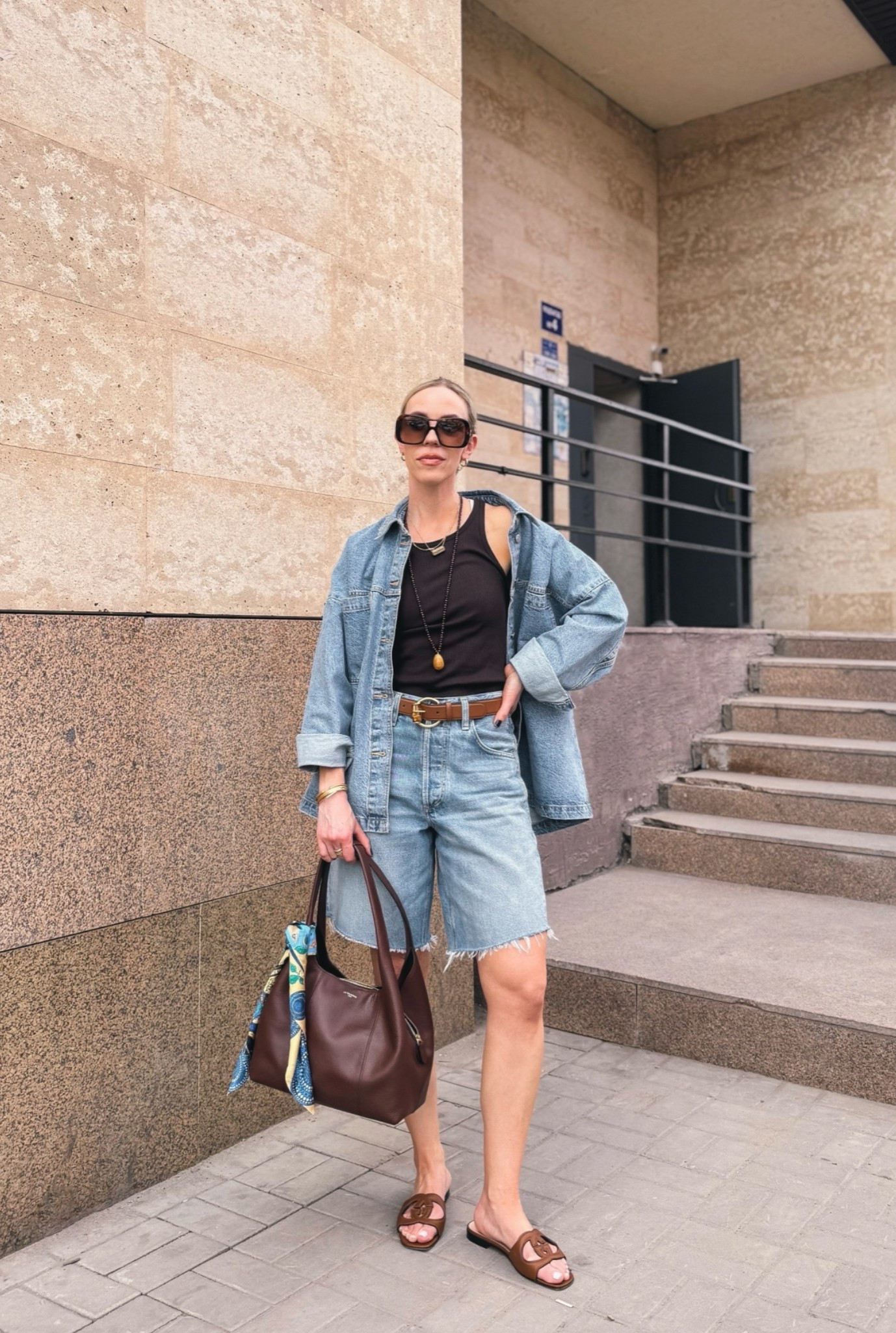 Casual summer outfit, all denim outfit, denim bermuda shorts, Gucci sandals, Le Tanneur handbag (on sale 20% off right now!)

#LTKSaleAlert #LTKOver40 #LTKSeasonal