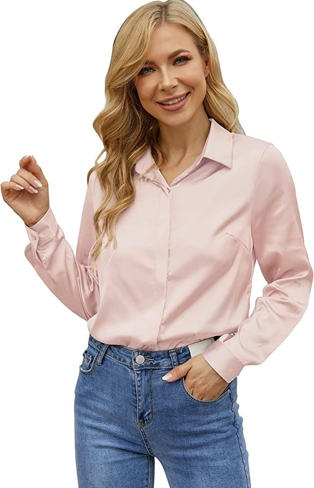 Miqieer Women's Silk Blouse Long Sleeve Lady Shirt Casual Office Work Blouse Shirt Tops | Amazon (US)
