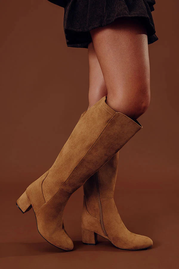 Made You Look Faux Suede Knee High Boots in Camel | Impressions Online Boutique