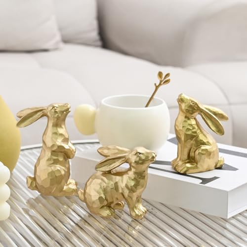AOMOONOA Resin Gold Bunny Decor Rabbit Figurines, Small Easter Bunny Figurine Set of 3, Easter Rabbit Statues for Spring Tabletop Decor | Amazon (US)