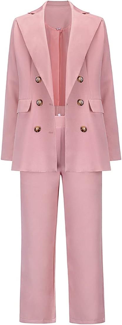 Women's 2 Piece Suits Set Open Front Long Sleeve Blazer Jackets Outfits and Elastic Waist Solid Pant | Amazon (US)