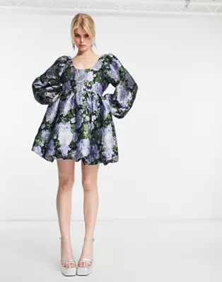 Sister Jane scoop neck mini dress with balloon sleeves in blue jacquard floral | ASOS (Global)