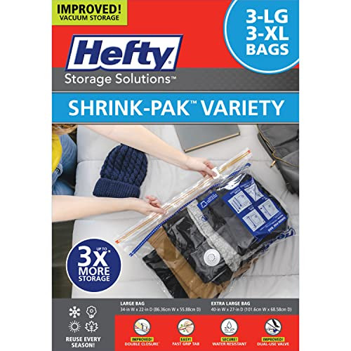 Hefty Shrink-Pak Vacuum Storage Bags - Space Saver for Under Bed Storage, Clothing and Comforters, Odor Resistant, 3X More Storage Space - 3 Large, 3 XL Bags | Amazon (US)