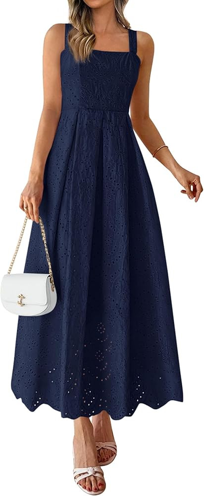 PRETTYGARDEN Womens Sleeveless Maxi Summer Dresses 2026 Hollow Out Eyelet Square Neck Ruffle Flow... | Amazon (US)