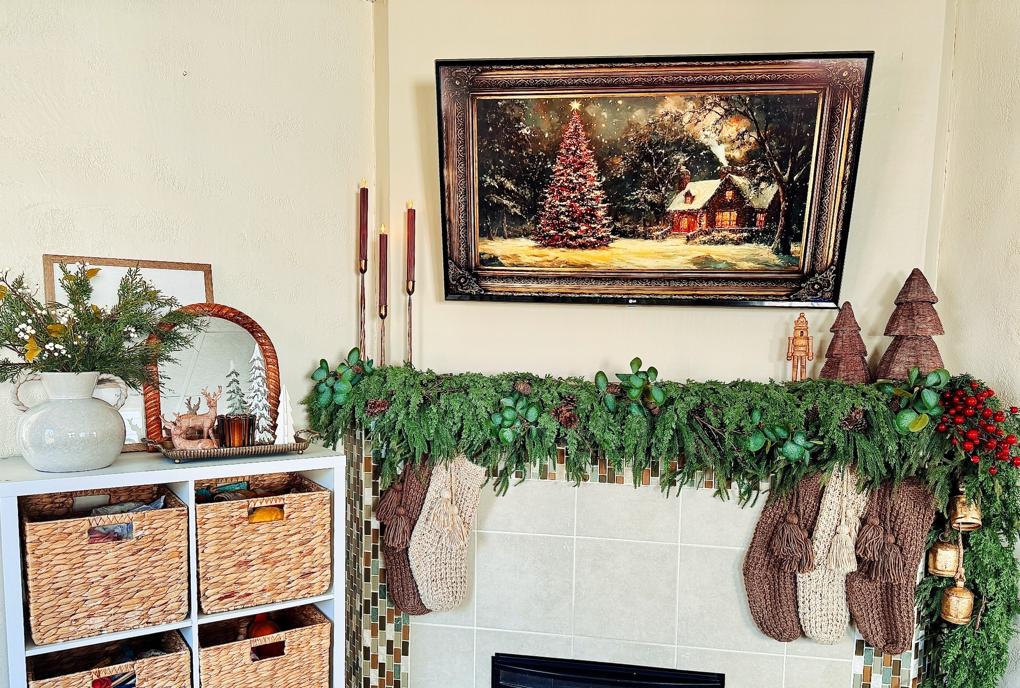This little corner brings me so much calm during the holidays 🤎 I kept my kids play corner and mantle simple with greenery, cozy knits, and warm neutrals :) Just pieces that feel inviting and homey 🎄✨

#LTKHoliday #LTKHome #LTKSeasonal