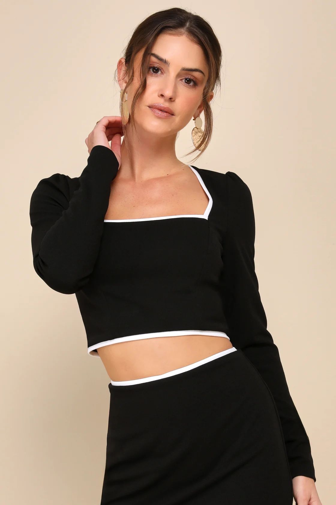 Fashionable Poise Black Color Block Cutout Long Sleeve Crop Top | Lulus