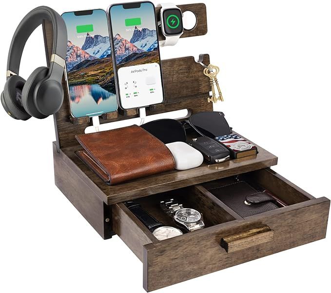 ZAPUVO Gifts for Dad Christmas Xmas from Daughter Son, Wood Phone Docking Station with Drawer Nig... | Amazon (US)
