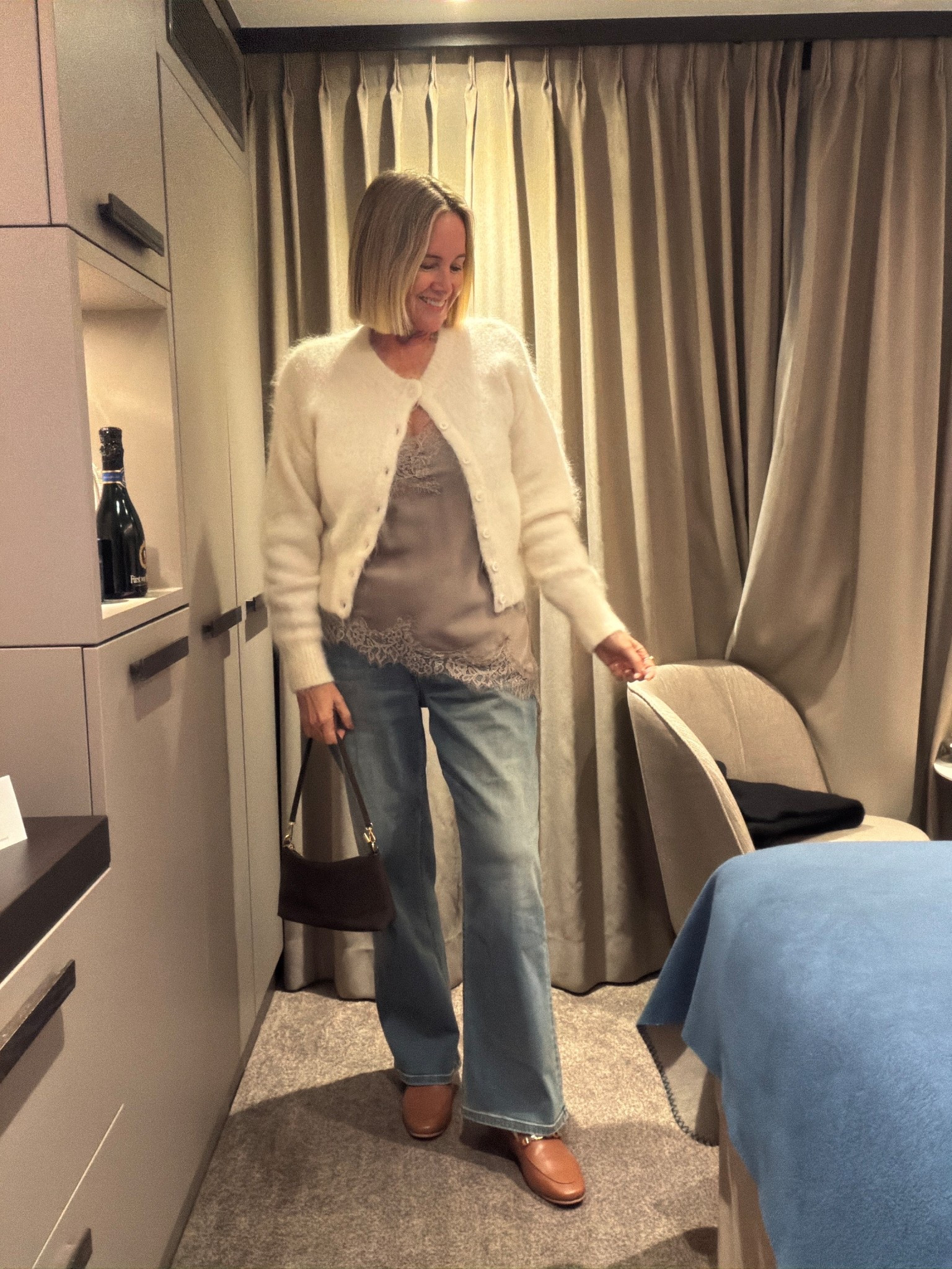 Dressed for dinner on board

Sizing:
L in cardigan 
L in lace cami (bought in Vienna from Zara)
26 in jeans (very stretchy)

Shoes: FRANKIE4 Ash loafers

#LTKover50style #LTKtravel #LTKaustralia