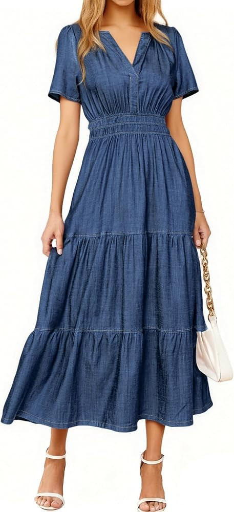 Simplee Womens Summer Denim Dress Casual Short Sleeve V Neck Empire Waist Boho Flowy Western Jean... | Amazon (US)