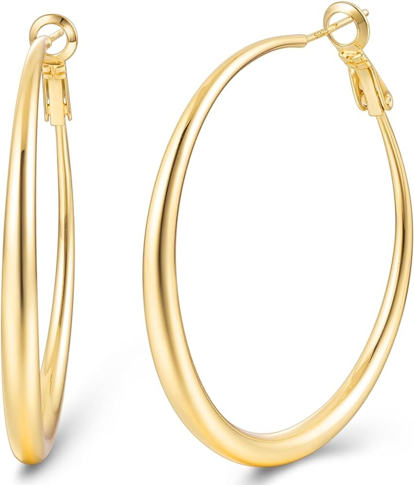 Jewlpire 14K Gold Plated Hoop Earrings with 925 Sterling Silver Post, Lightweight & Hypoallergeni... | Amazon (US)