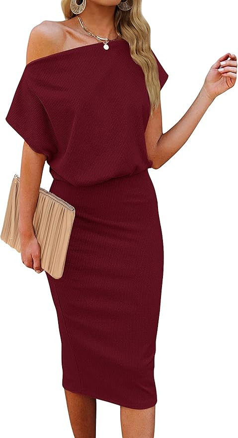 MEROKEETY Women's Off The Shoulder Short Sleeve Midi Dress Summer Ribbed Bodycon Dress for Party | Amazon (US)
