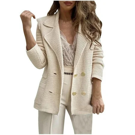 UTSJKR 2024 Fall Fashion Blazers for Women Double Breasted Long Sleeve Knit Cardigan Jackets Office Work Wear Outerwear Khaki XXL | Walmart (US)