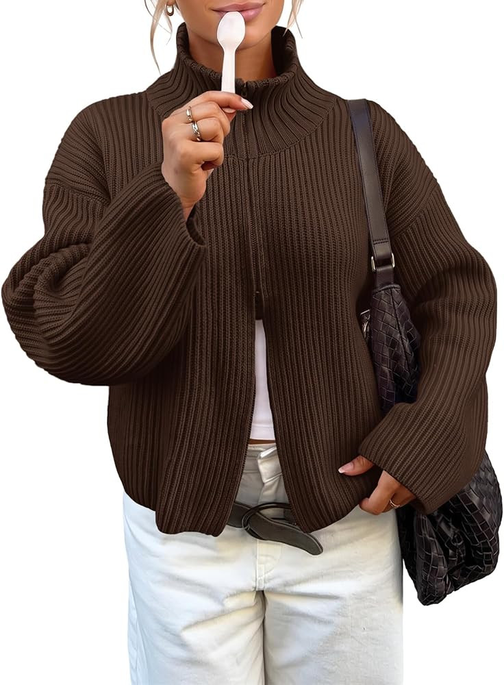 Womens Zip Up Chunky Cardigan Ribbed Knit Mock Neck Sweater Jacket | Amazon (US)