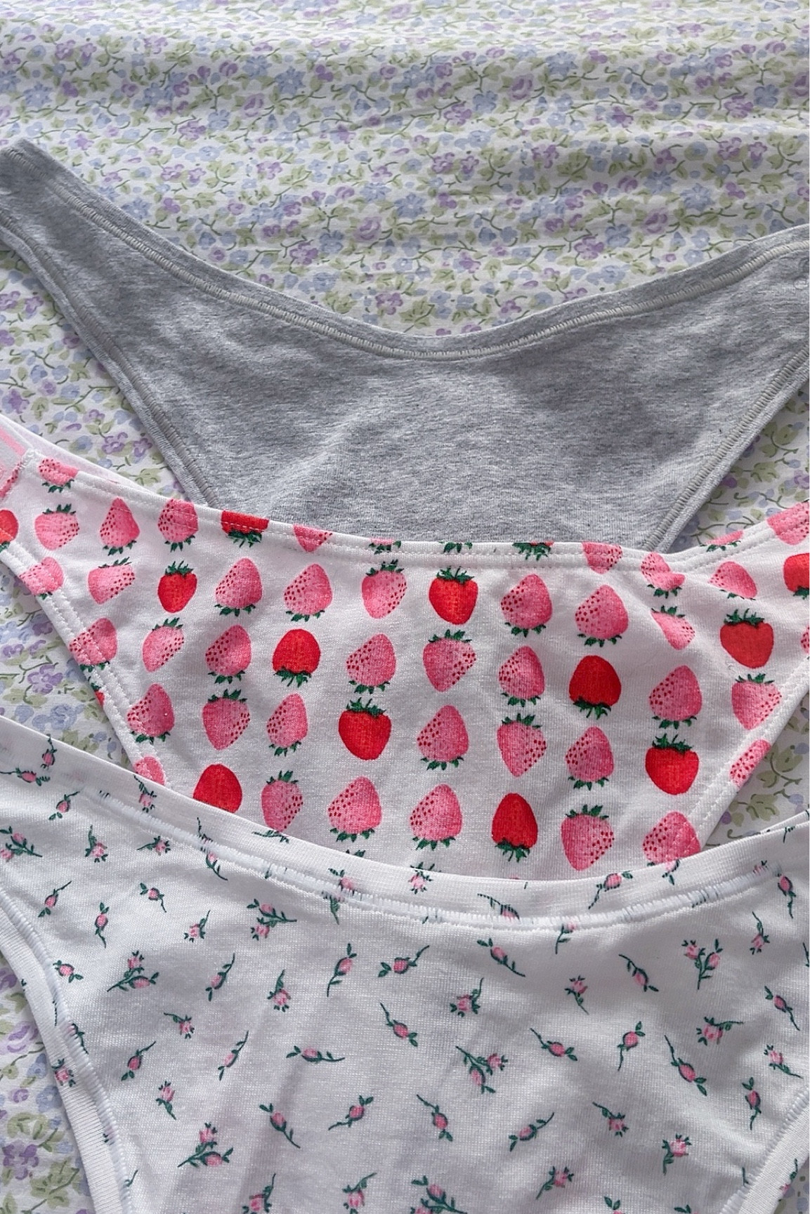 strawberry print panty, coquette floral print panty, heather grey panty