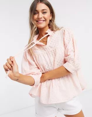 Influence eyelet smock top with tie front in coral | ASOS (Global)