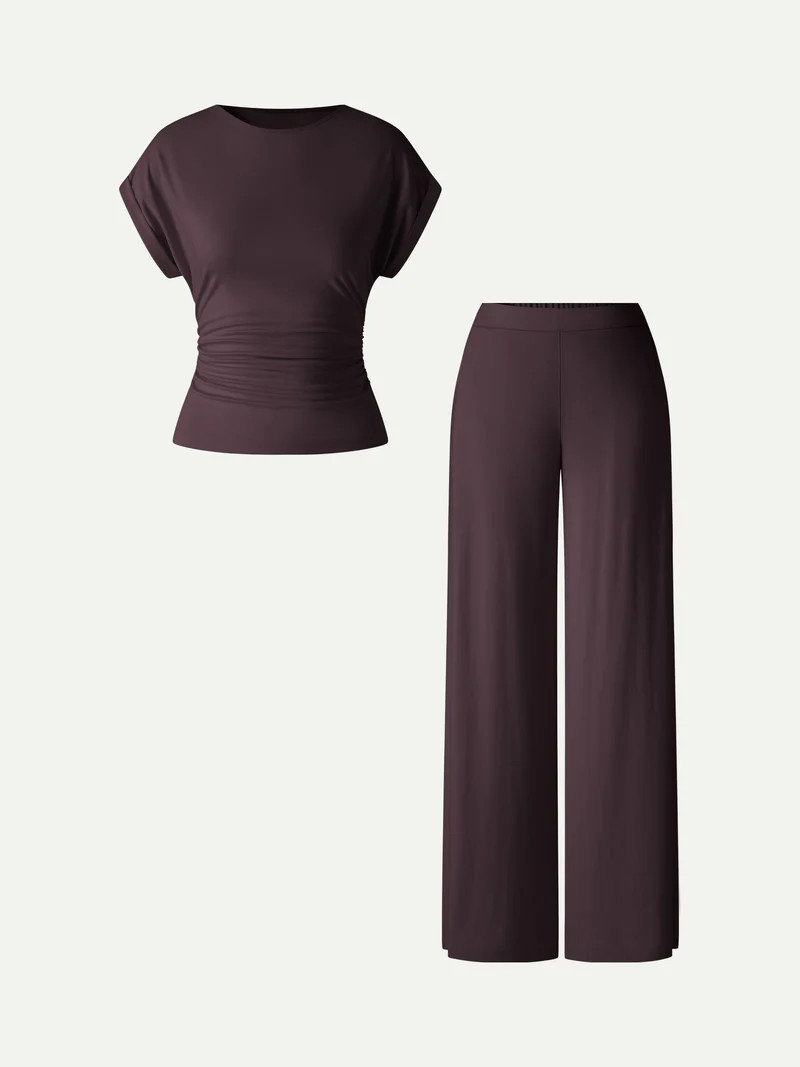 2Pcs Set Round Neck Ruched Tee & Mid Rise Wide Leg Pants | OGLmove