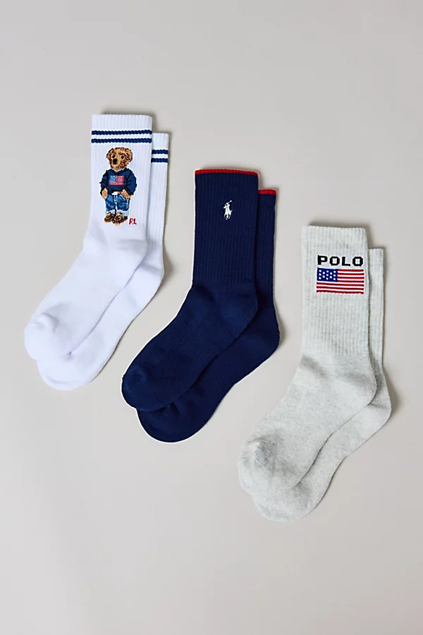Polo Ralph Lauren Polo Bear Logo Crew Socks 3-Pack in Assorted, Women's at Urban Outfitters | Urban Outfitters (US and RoW)