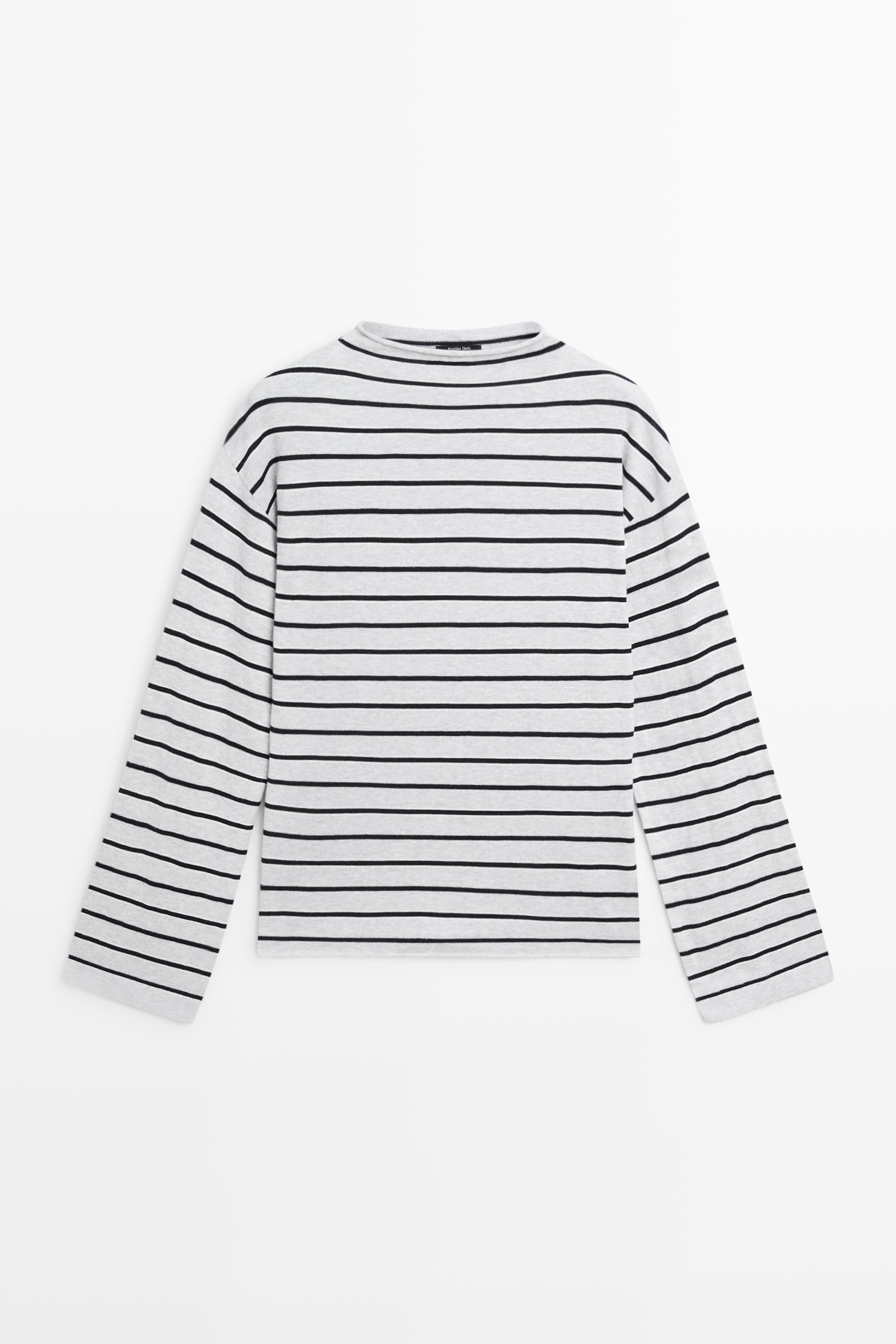 100% cotton striped knit sweater - GREY MARL | Massimo Dutti US