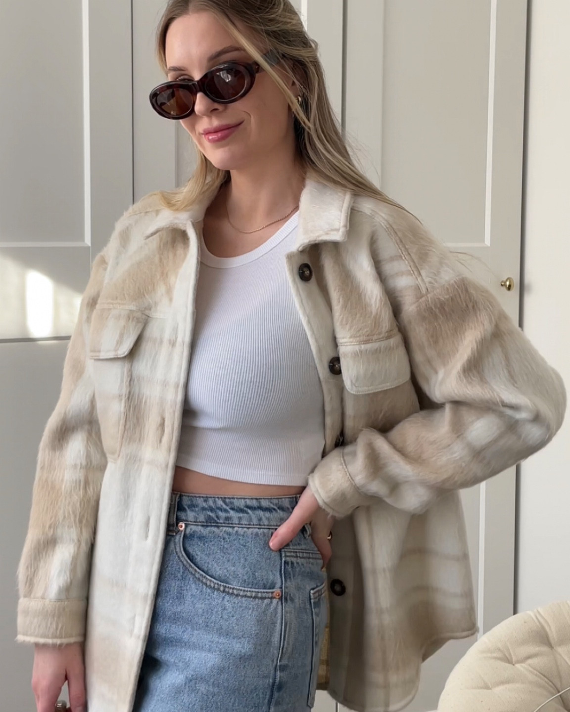 6/30 Days of Winter Outfit Ideas - Shacket, high waisted jeans, white crop, brown bag and sunglasses 

#LTKaustralia #LTKstyletip #LTKSeasonal