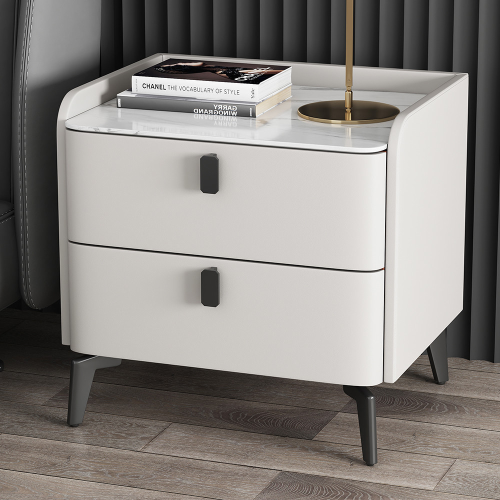 Faux Leather Nightstand Set of 2 with 2 Drawers White Bedside Table with Stone Top | Homary