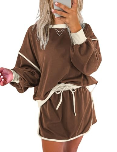 Ecosunny 2 Piece Sets for Women Casual Tracksuit Sweatshirt Waist Skirted Skorts Matching Set Lounge Wear Sweat Suit Coffee S | Amazon (US)