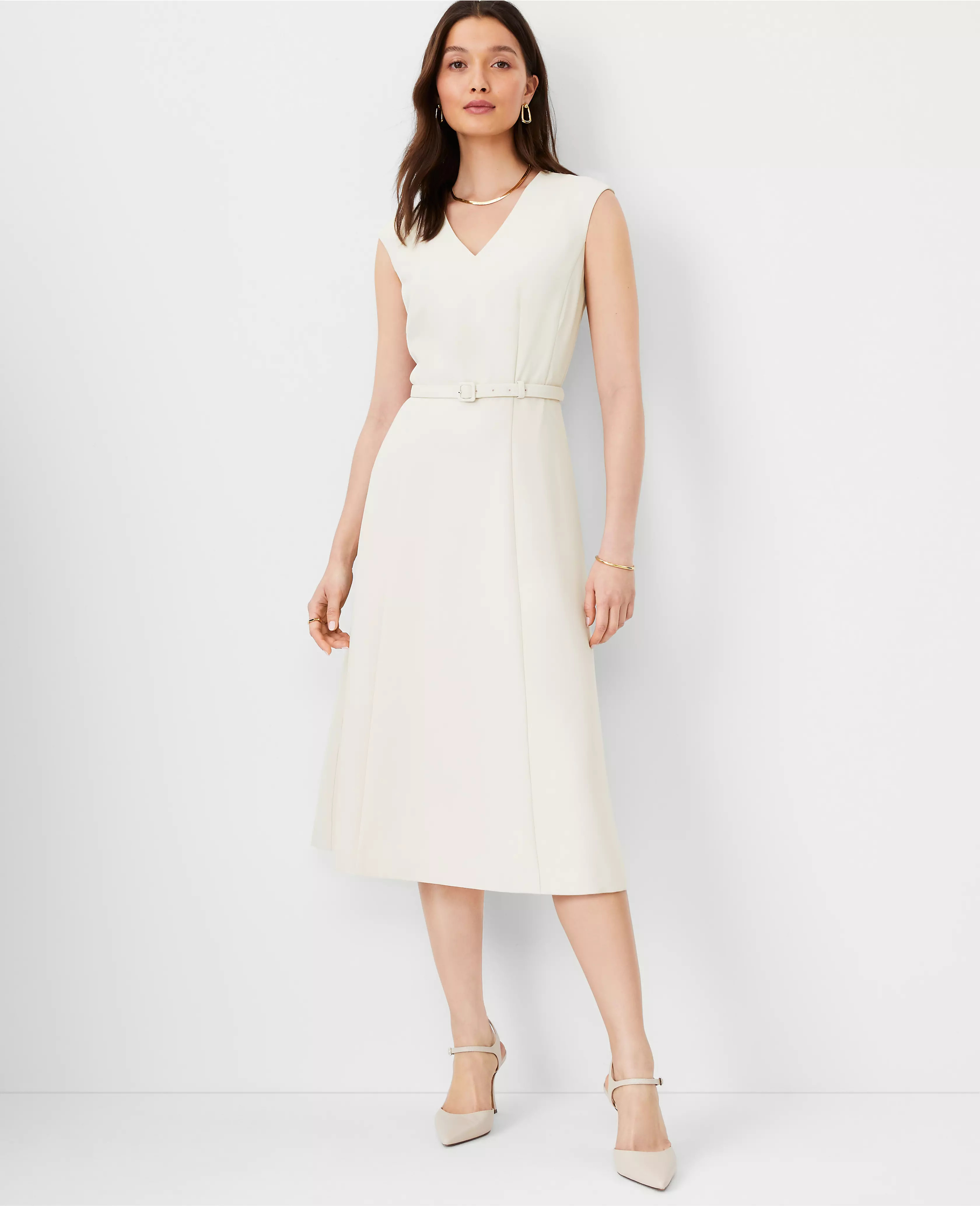 The Petite Belted V-Neck Midi Dress in Fluid Crepe | Ann Taylor