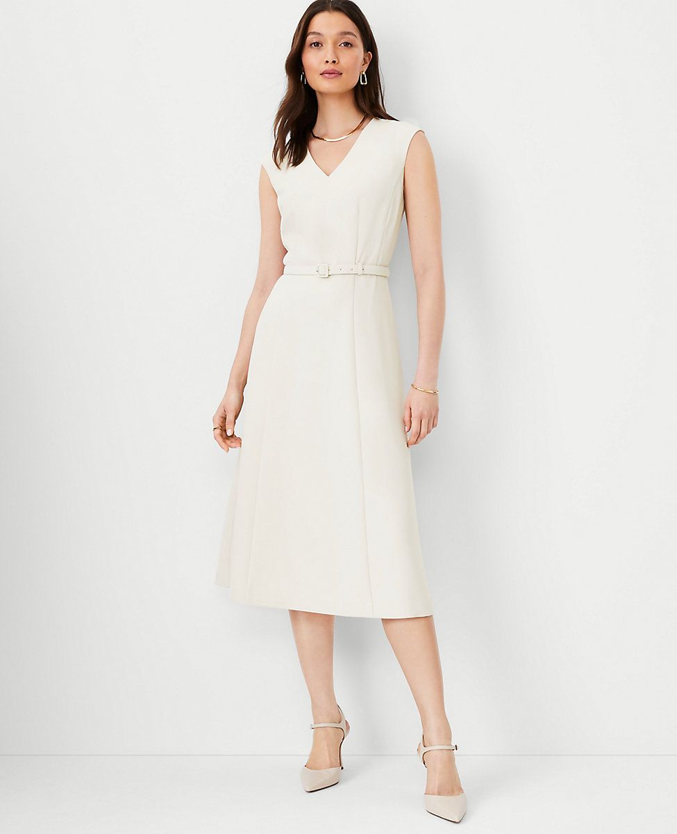 The Petite Belted V-Neck Midi Dress in Fluid Crepe | Ann Taylor (US)