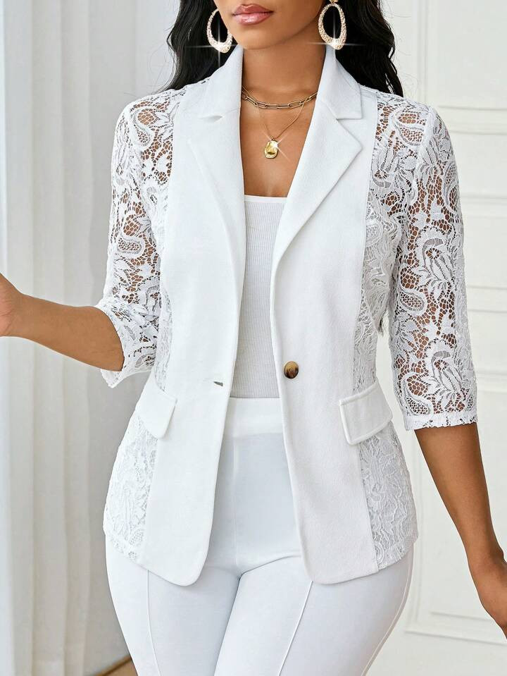 SHEIN Lady Four Season White Suit Women Blazers Women Coat Lace Splicing Elegant Suit | SHEIN