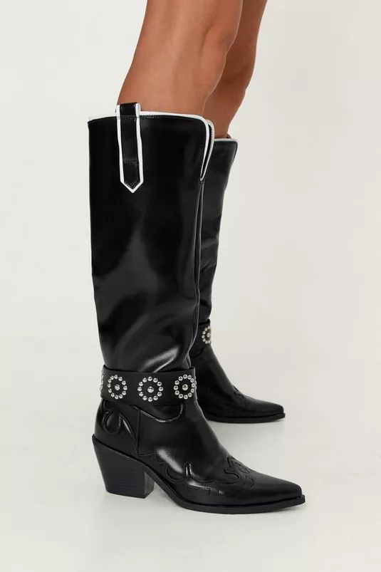 Faux Leather Stud Strap Cowboy Boots | Nasty Gal (US)