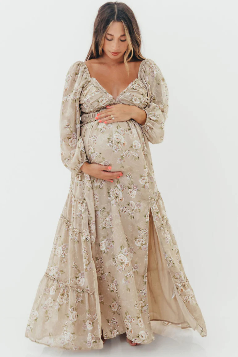 Daphne Long Sleeve Maxi Dress in Beige/Multi Floral - Bump Friendly & | Worth Collective