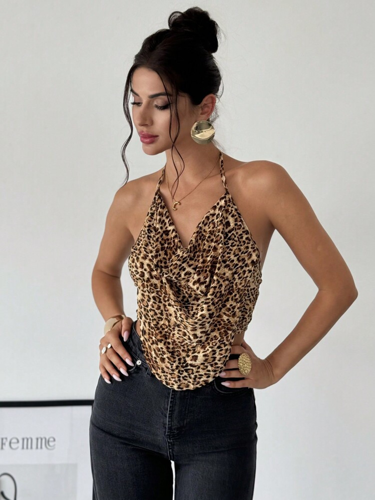 Firerie Leopard Print Deep V-Neck Draped Backless Elegant Sexy Party Halter Leopard Top | SHEIN
