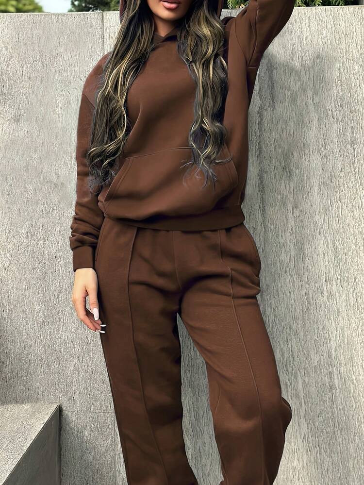 Plus Size 2pcs Women Autumn/Winter Fashion Solid Color Hooded Sweatshirt And Loose Straight Leg Pants Set | SHEIN