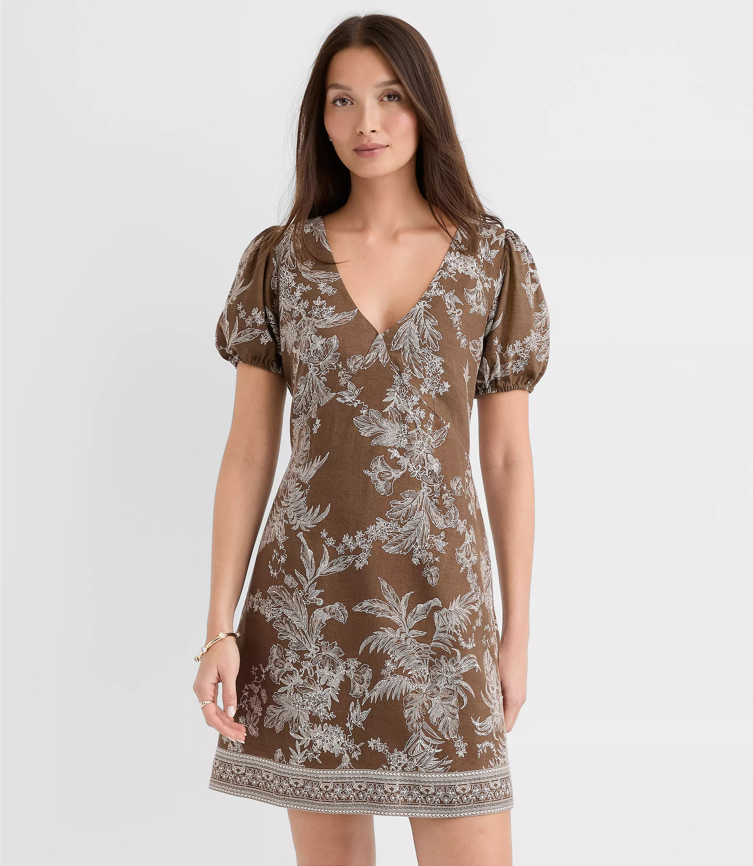 Floral Toile Linen Blend Puff Sleeve Mini Dress | LOFT