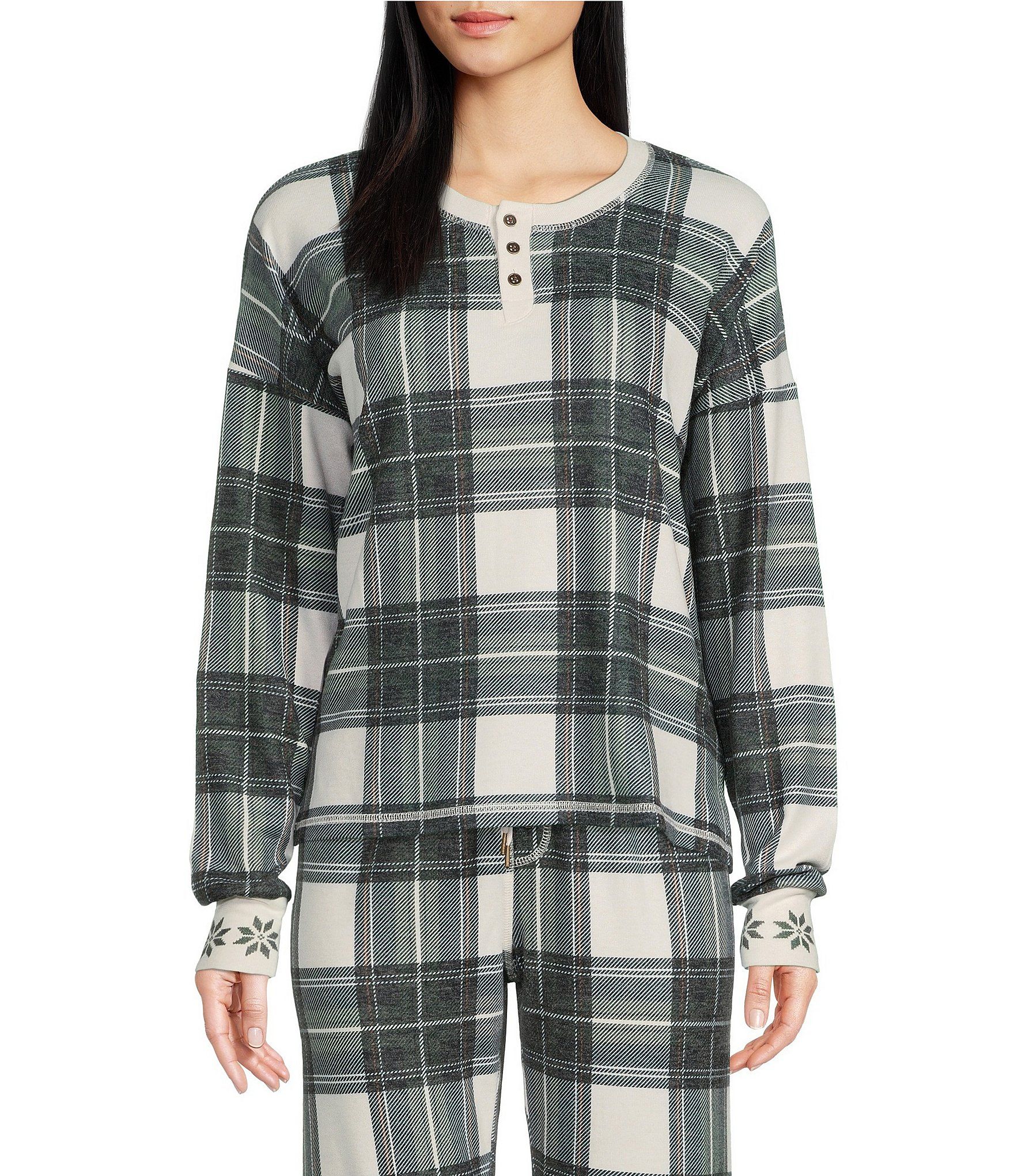 Pine Woods Plaid Print Long Sleeve Henley Coordinating Button Front Sleep Top | Dillard's