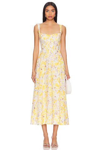 Bardot Lilah Corset Midi Dress in Yellow Floral from Revolve.com | Revolve Clothing (Global)