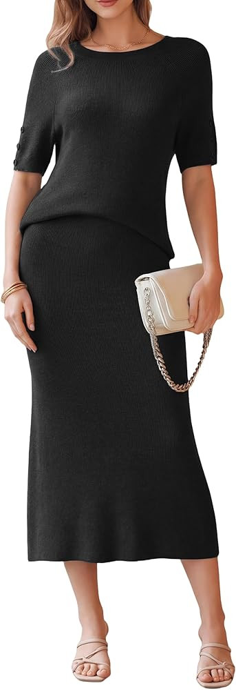 Arach&Cloz Women's Wool Blend Sweater 2 Piece Sets Business Casual Short Sleeve Top Midi Dress Ou... | Amazon (US)